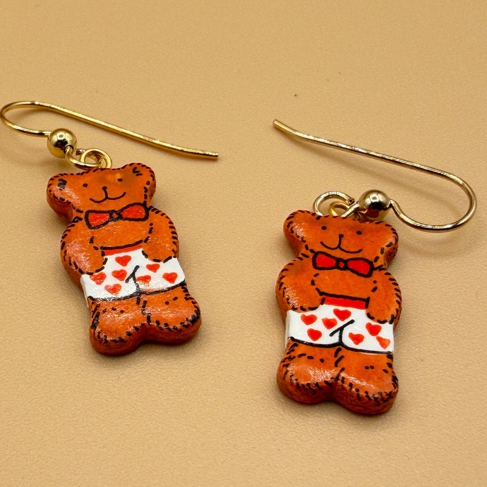 Hand Painted Teddy Bear Dangle Earrings Heart Shorts Gold Tone Valentine Gift